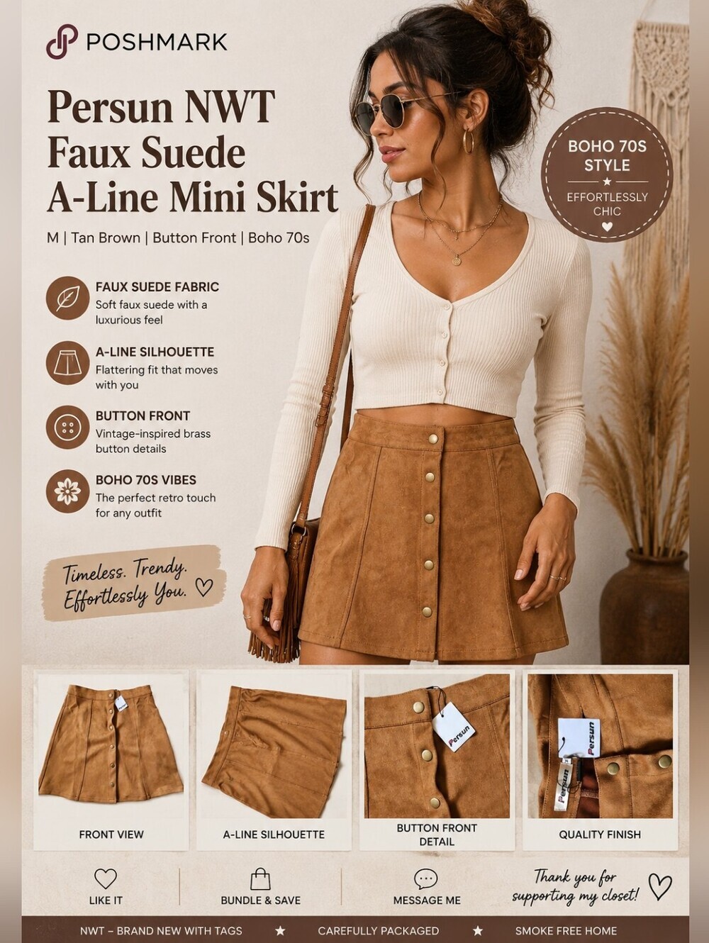 Persun NWT Faux Suede A-Line Mini Skirt M | Tan Brown Button Front | Boho 70s